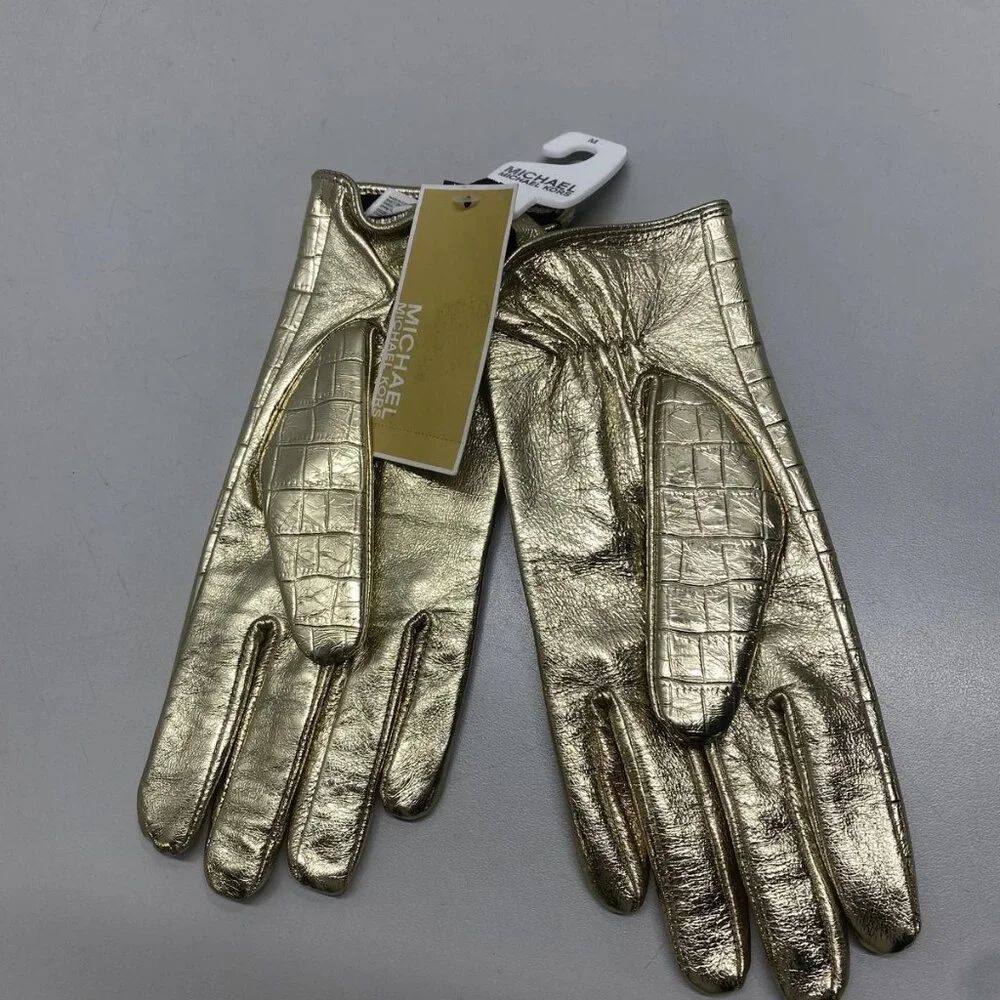 Michael Kors Women's Metallic Crocodile Embossed Leather Gloves – Size M – Gold